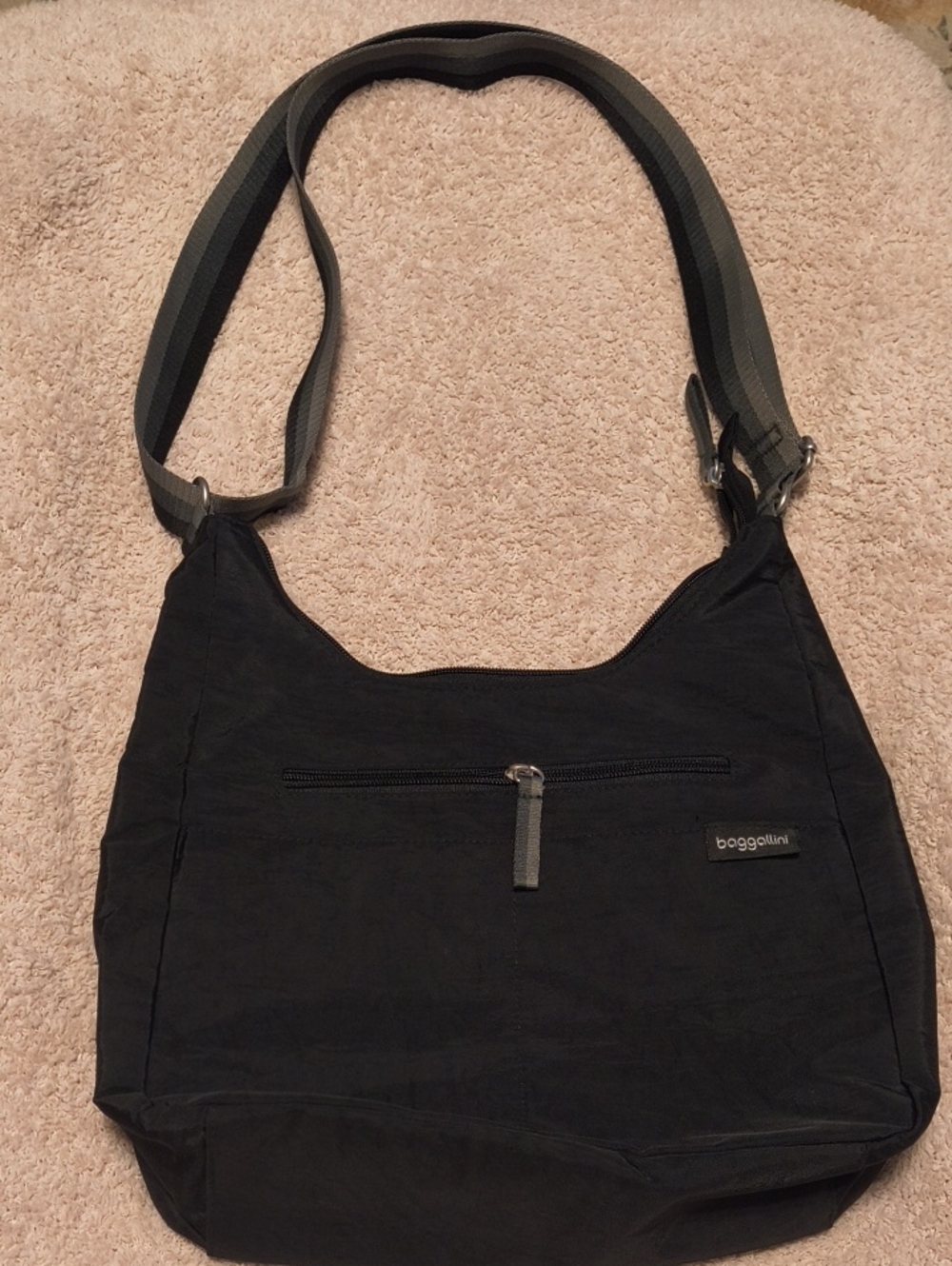 Baggallini Black Lightweight Crossbody with Striped Gray Strap